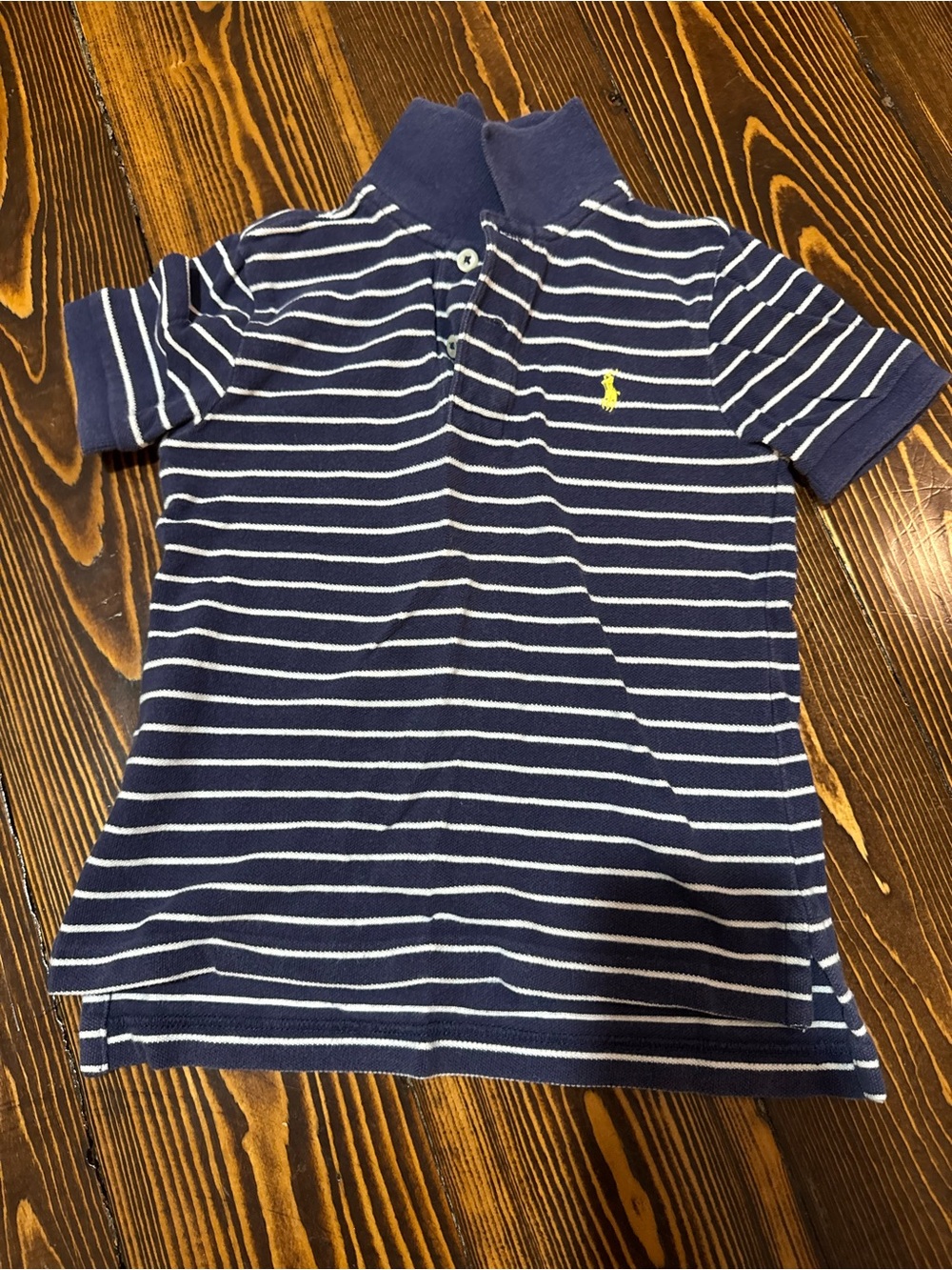 Ralph Lauren Navy & White Striped Polo with Yellow Logo